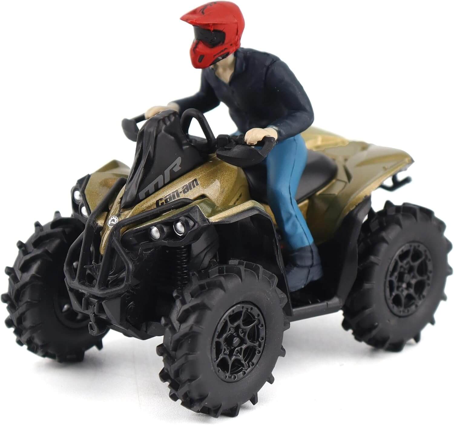 Toy ATV with a rider wearing a red helmet on a white background