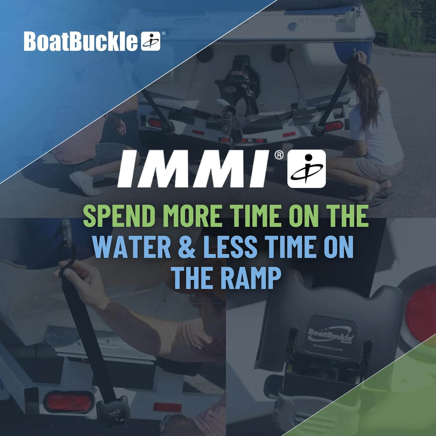 Advertisement for BoatBuckle IMMI showing a boat being loaded onto a vehicle with promotional text.