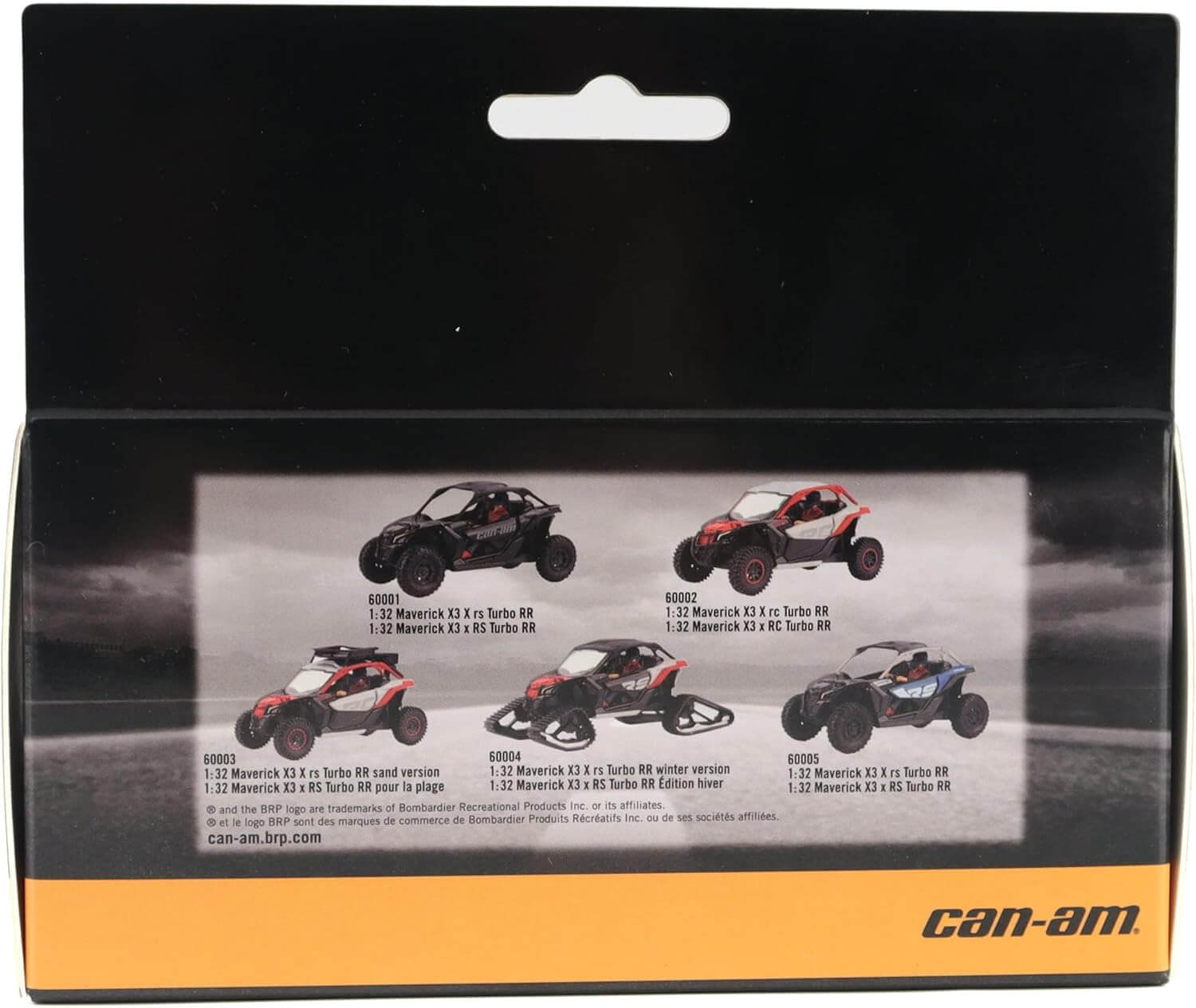 Can-Am vehicle packaging with model illustrations and branding on a black and orange background.