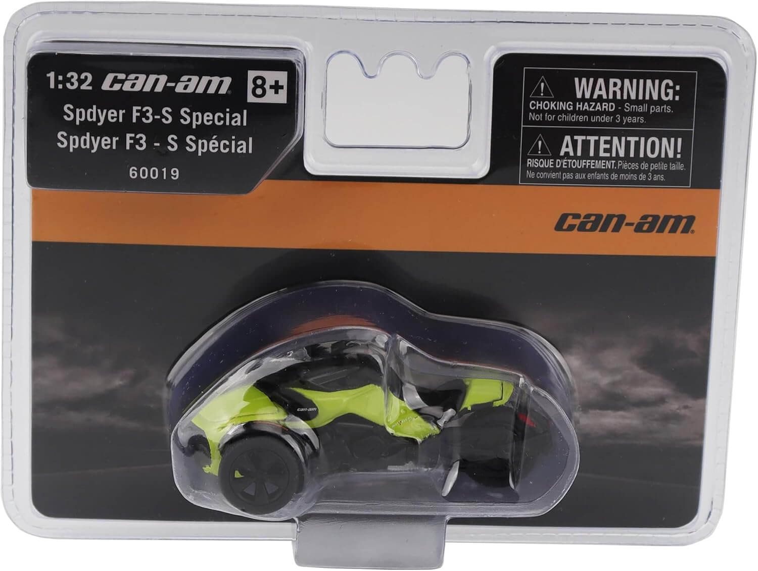 Can-Am Spyder F3-S Special model motorcycle in packaging with warning label