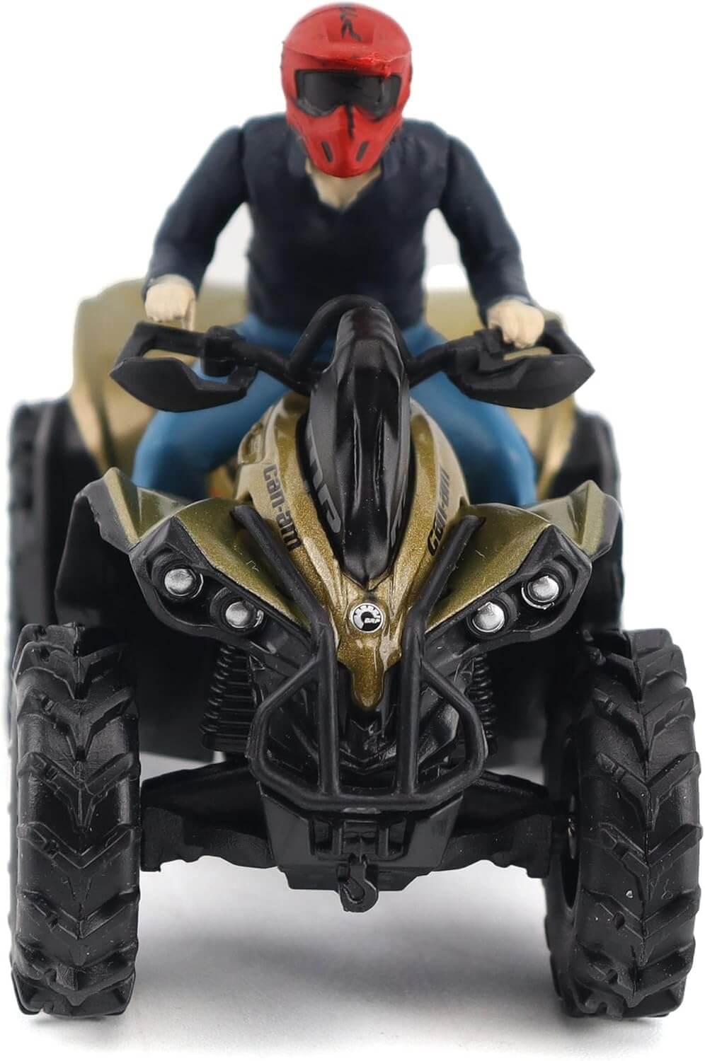 Toy figure of a person riding an ATV with a red helmet on a white background
