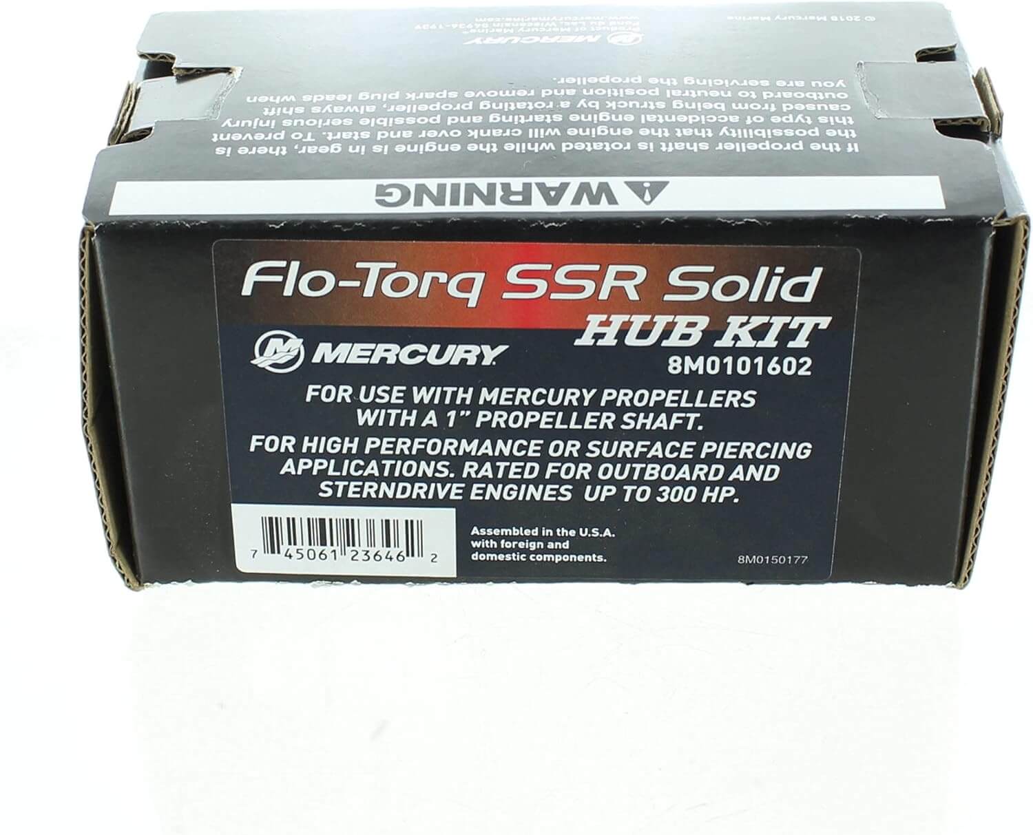 Box packaging for Mercury Marine Flo Torq Ssr 150-225 1Shaft. The box is predominantly black with product information and the Mercury Marine logo visible.