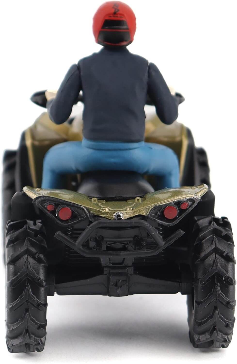 Model of a person riding an ATV with a red helmet on a white background