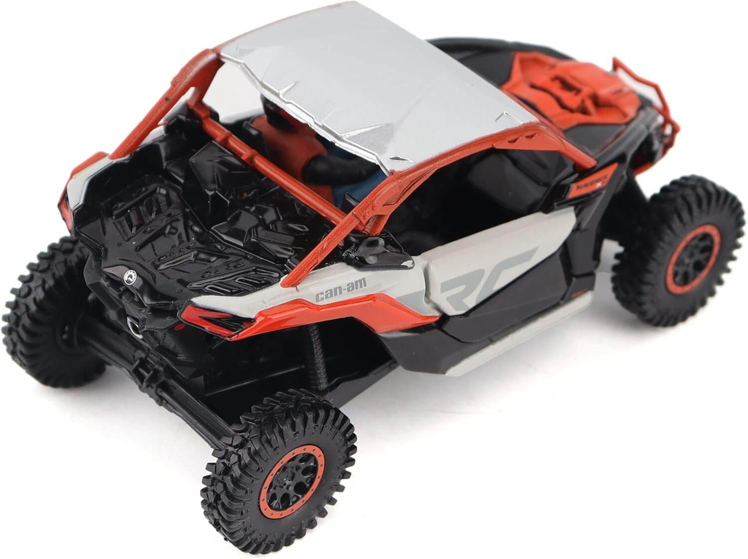 Model of a off-road vehicle with red and black design on a white background