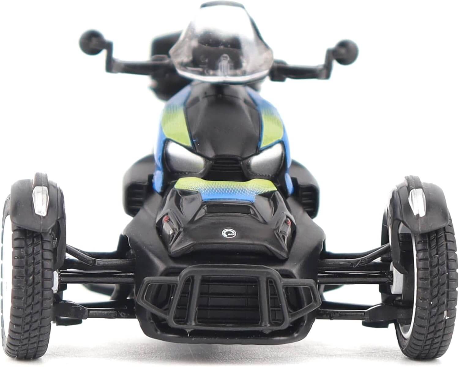 Black and blue toy vehicle with three wheels on a white background