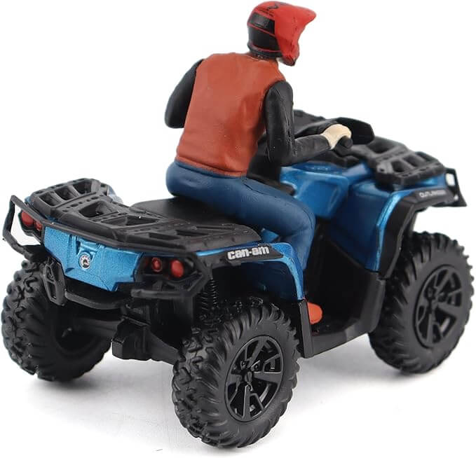 Model of a person riding a blue Can-Am ATV on a white background