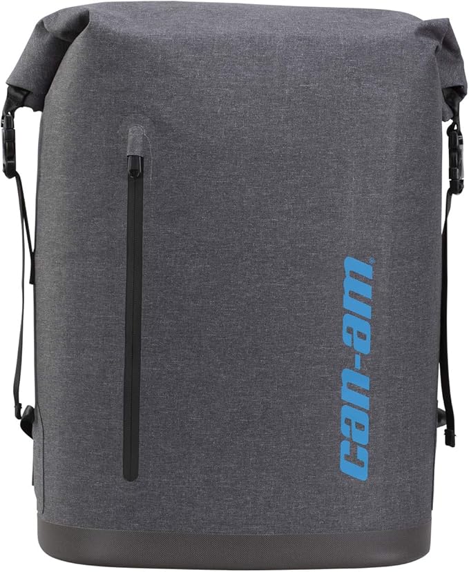 Gray backpack with 'can-am' logo on a white background