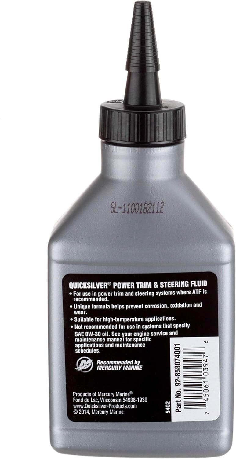 Quicksilver Power Trim and Steering Fluid, 8 oz bottle rear view