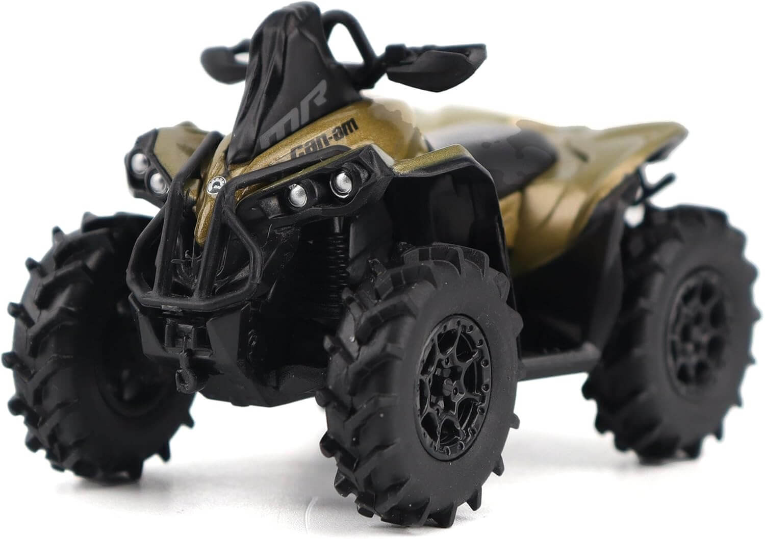 Model of a four-wheeler with black and gold details on a white background