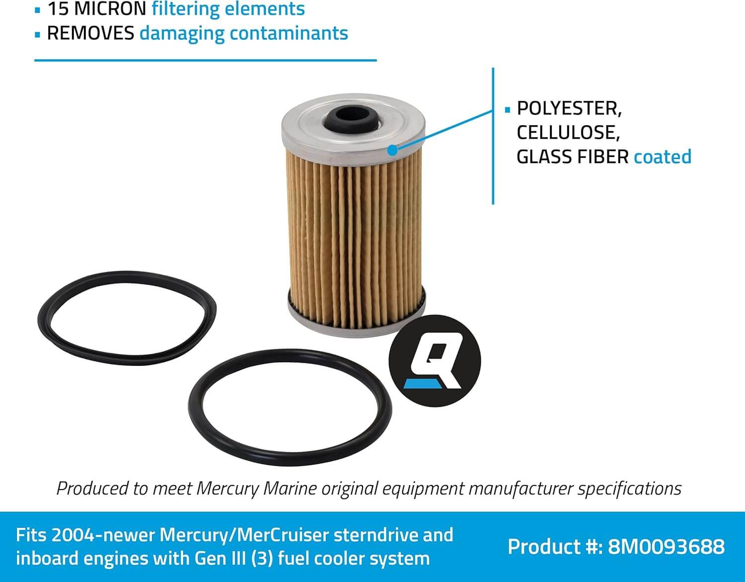 Oil filter with text detailing features and specifications on a white background
