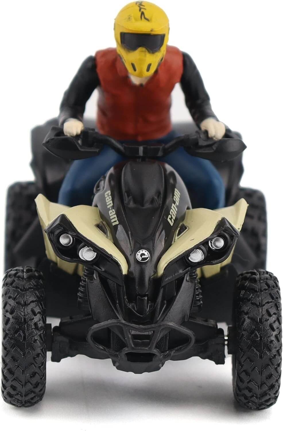 Model of a person riding an ATV with a Can-Am logo on a white background