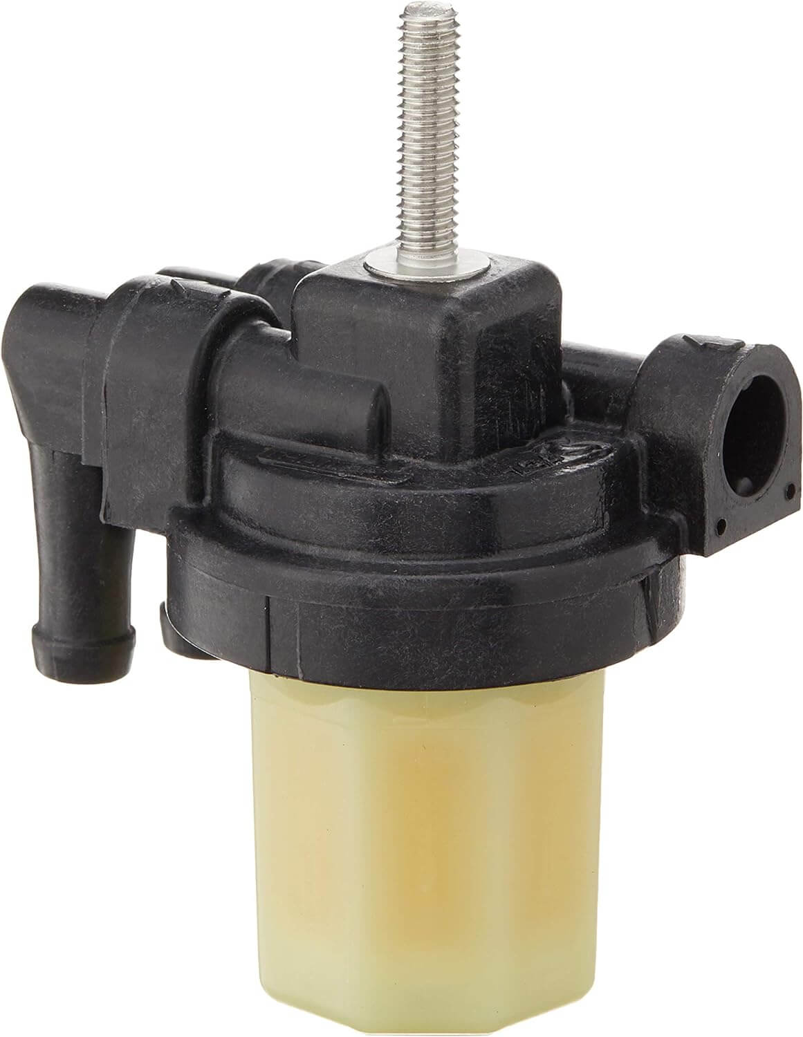 A black and clear fuel filter assembly designed for use with outboard engines, featuring a 20 micron fuel filter.