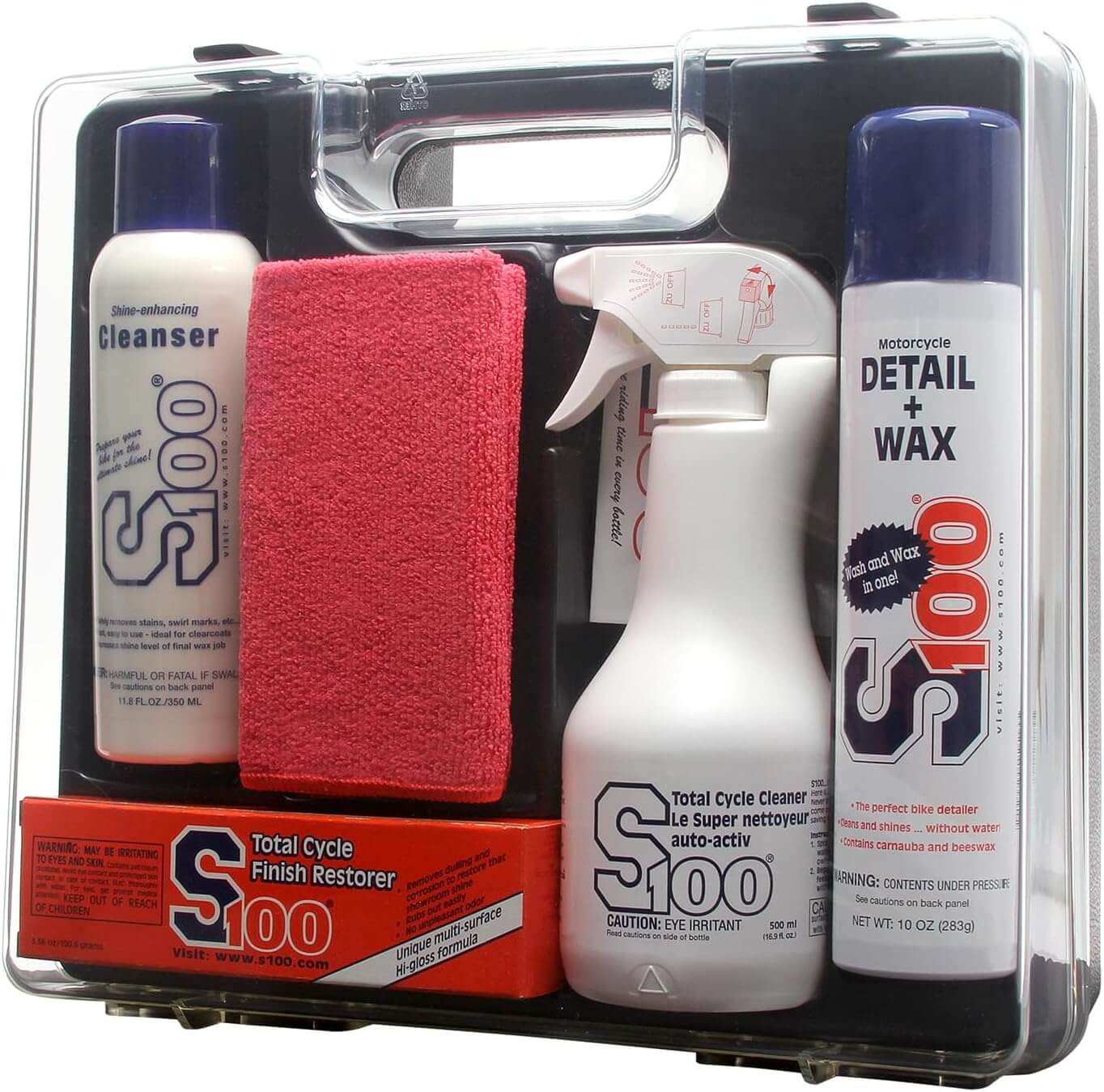 S100 motorcycle detailing kit with bottles, spray, and towel in a clear case.