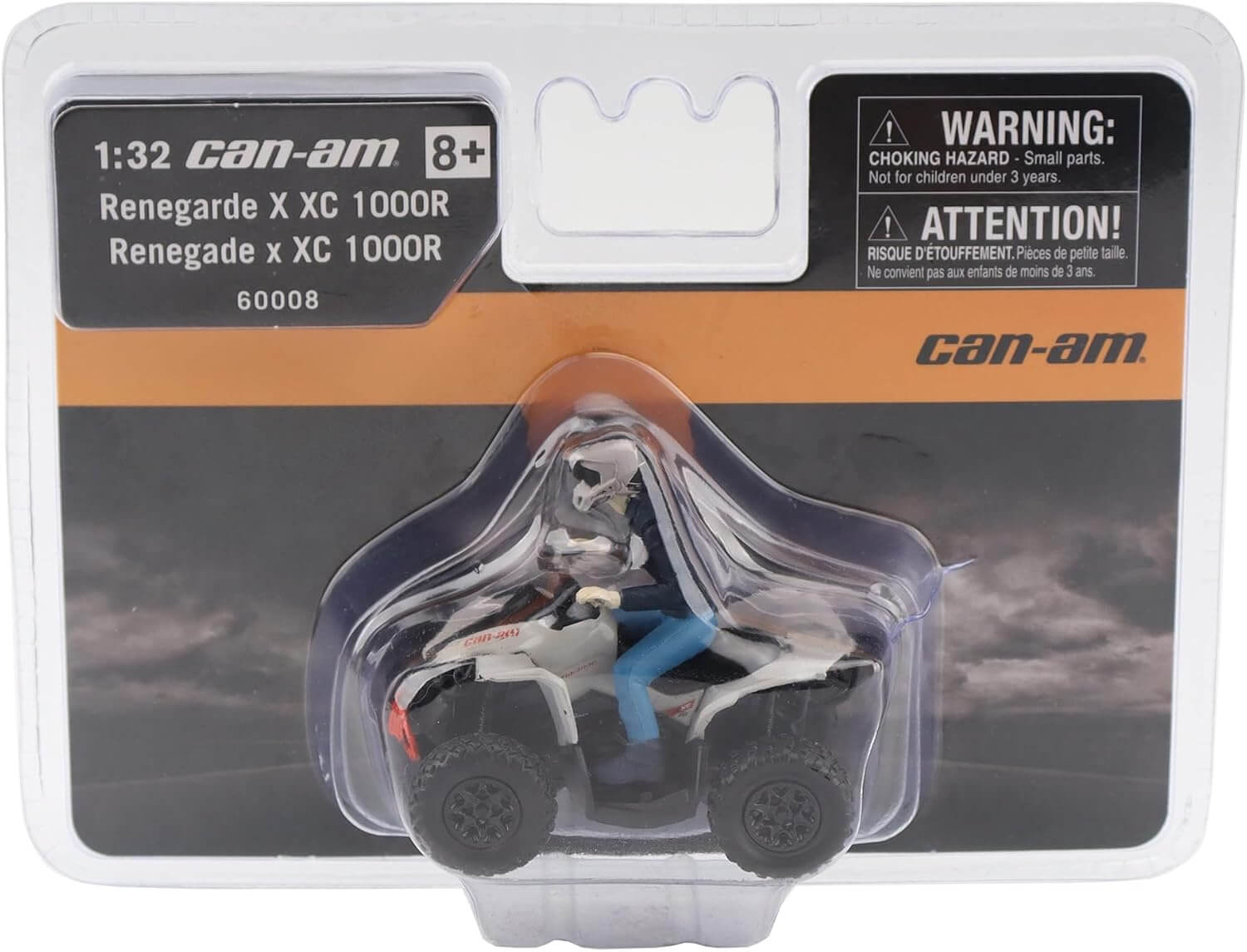 Model of a Can-Am Renegade X XC 1000R toy on packaging with branding and warning labels.