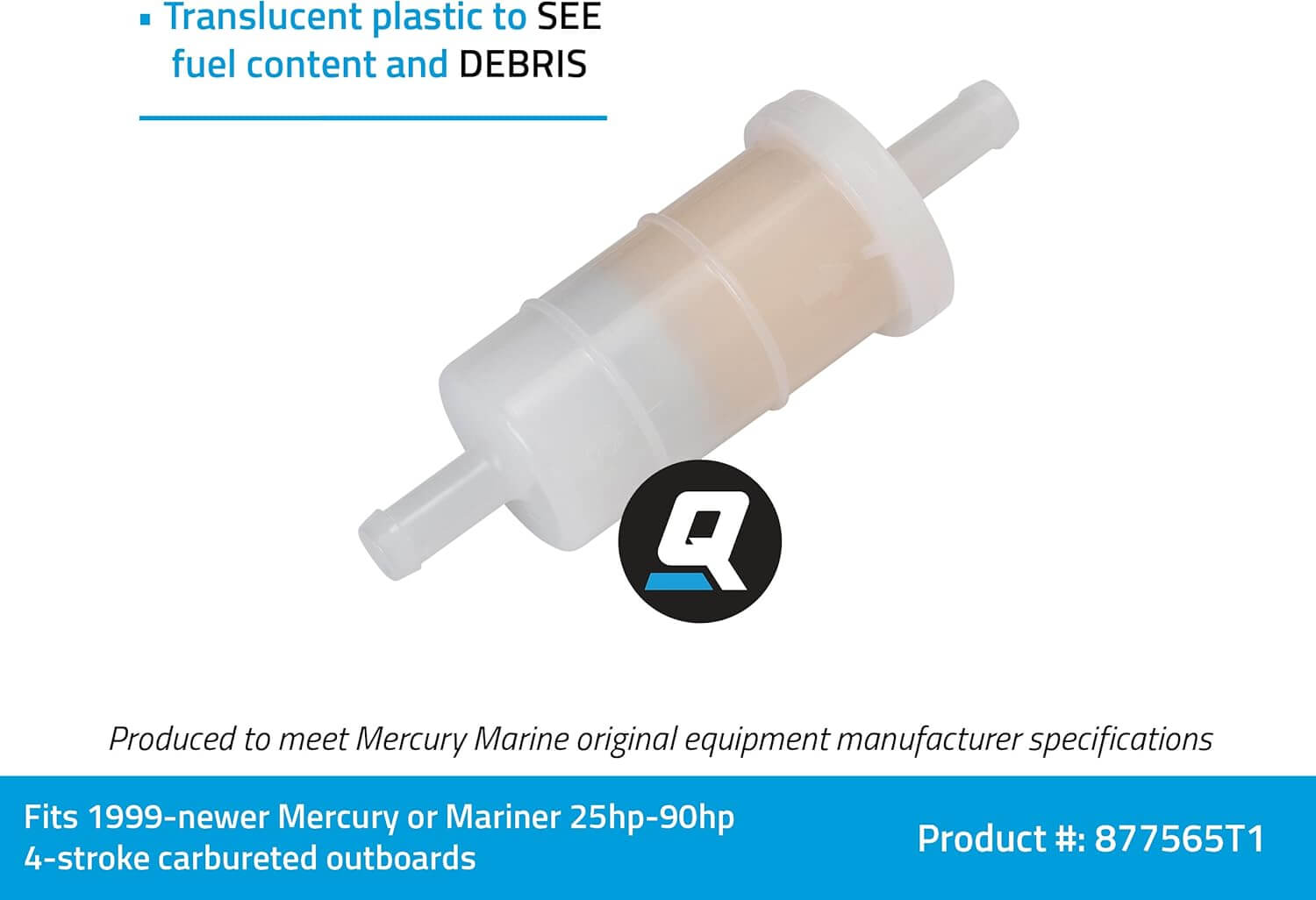 Fuel filter with text about its features and compatibility on a white background