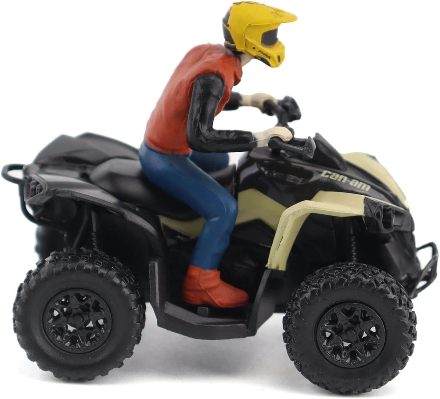 Model of a person riding an ATV with a Can-Am logo on a white background