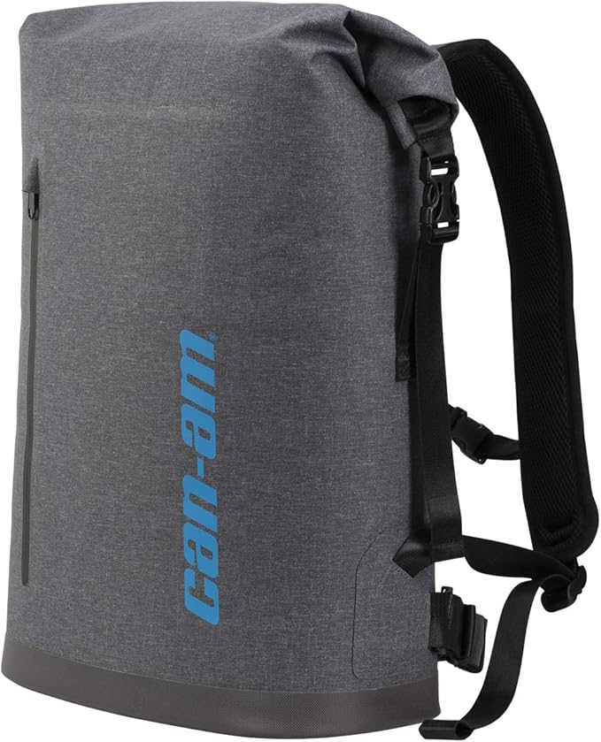 Gray backpack with black straps and blue 'can-am' logo on a white background
