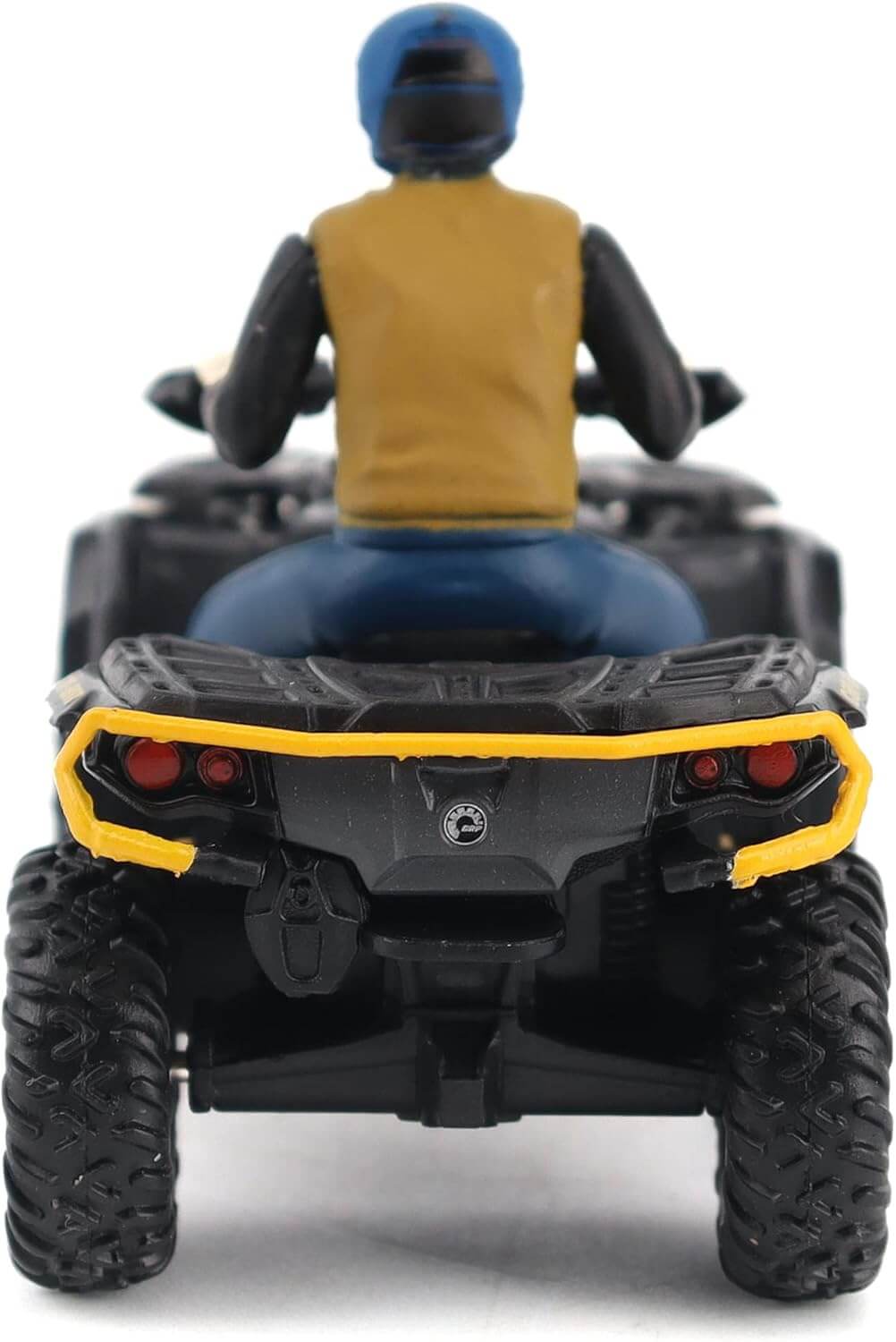Model of a person riding an ATV with a yellow bumper on a white background