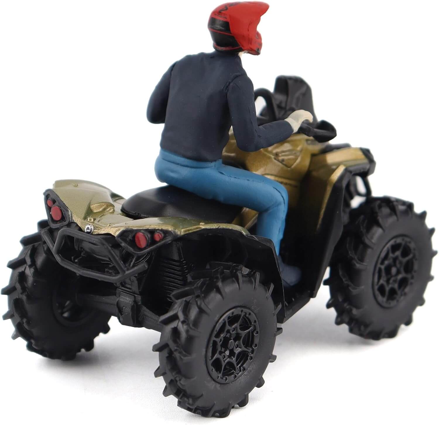 Toy figure of a person riding an ATV on a white background