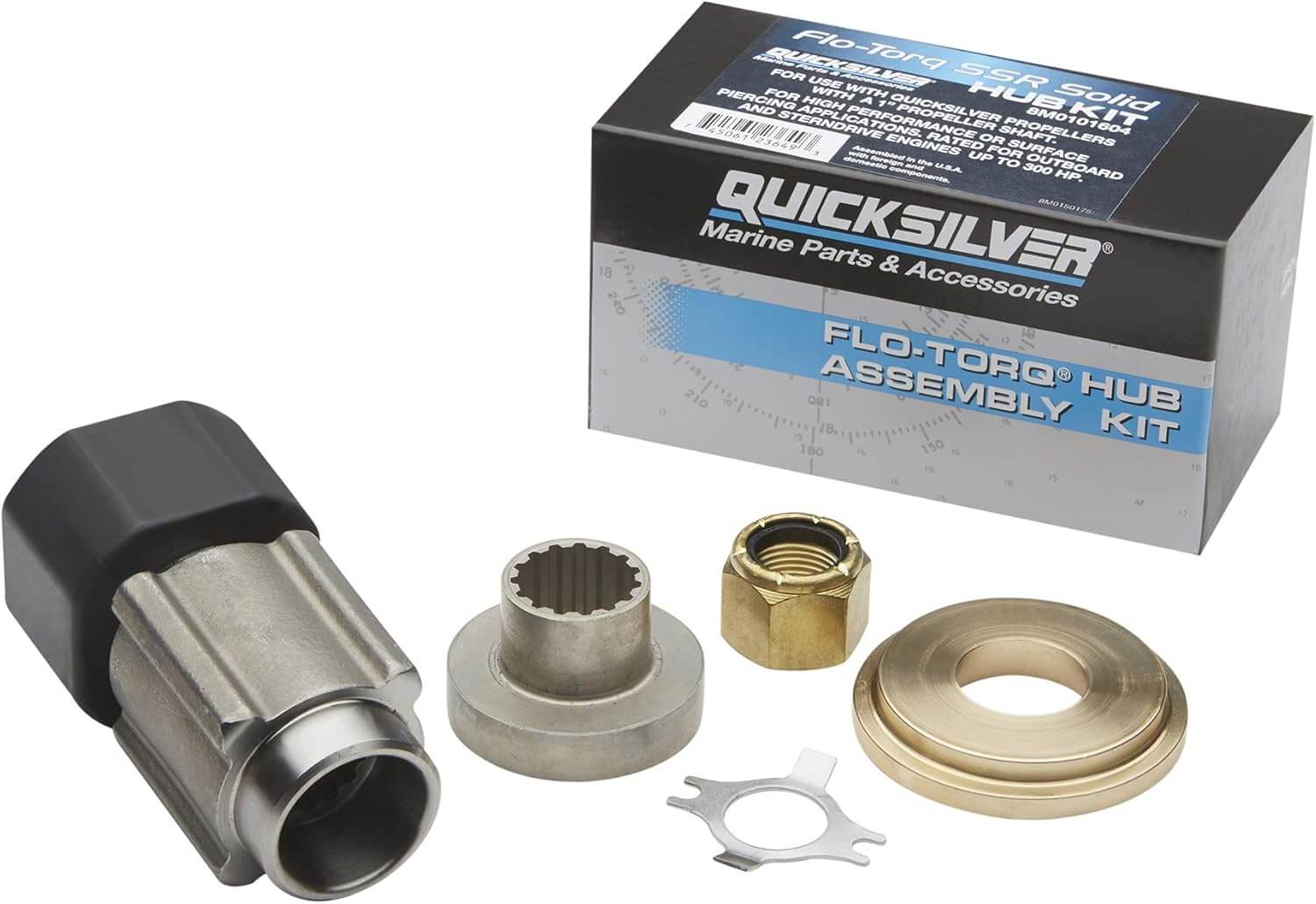 Marine parts and accessories including a Flo-Torq hub assembly kit with QuickSilver branding.