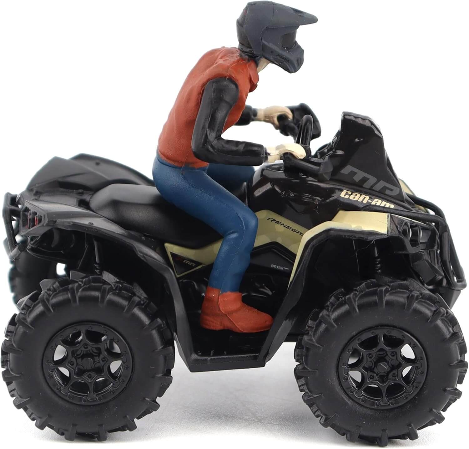 Toy ATV with a rider figure on a white background