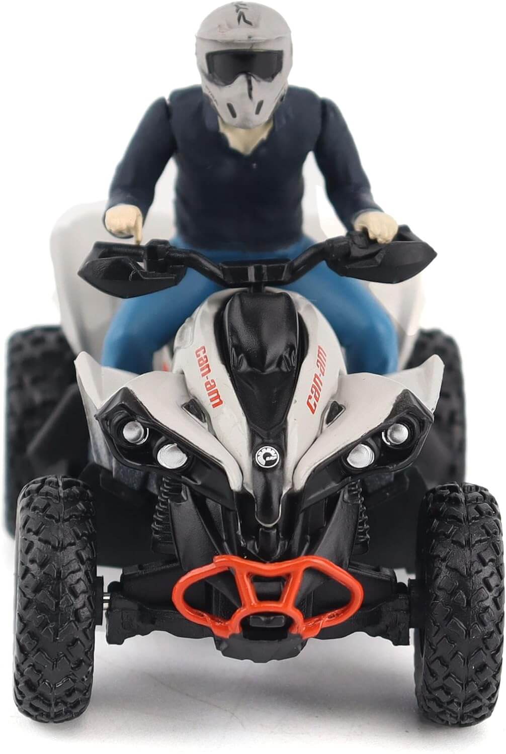 Model of a person riding an ATV with a helmet on a white background