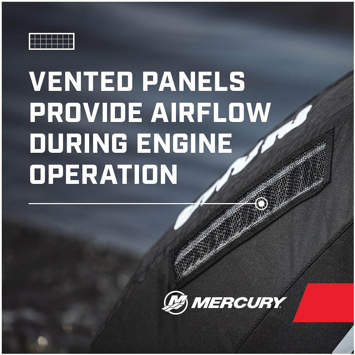 Mercury 8M0228513 L6 200HP Verado Outboard Vented Splash Cover Black showing vented panels for airflow during engine operation.