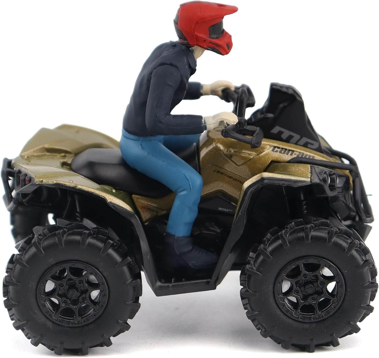 Toy figure of a person riding an ATV with a red helmet on a white background
