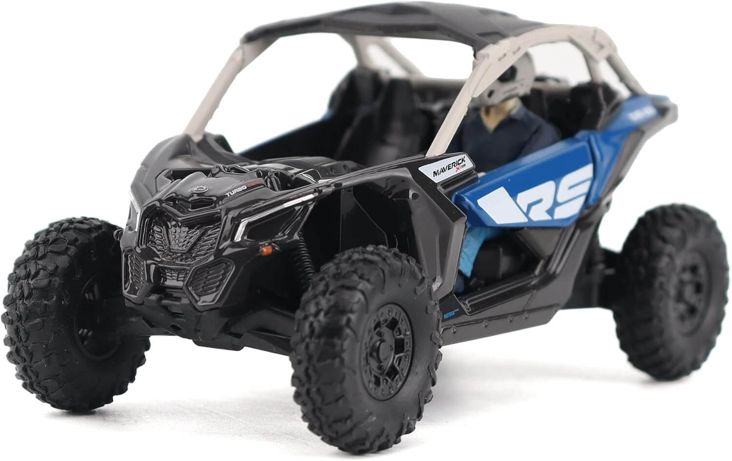 Model of a four-wheeler with blue and black design on a white background