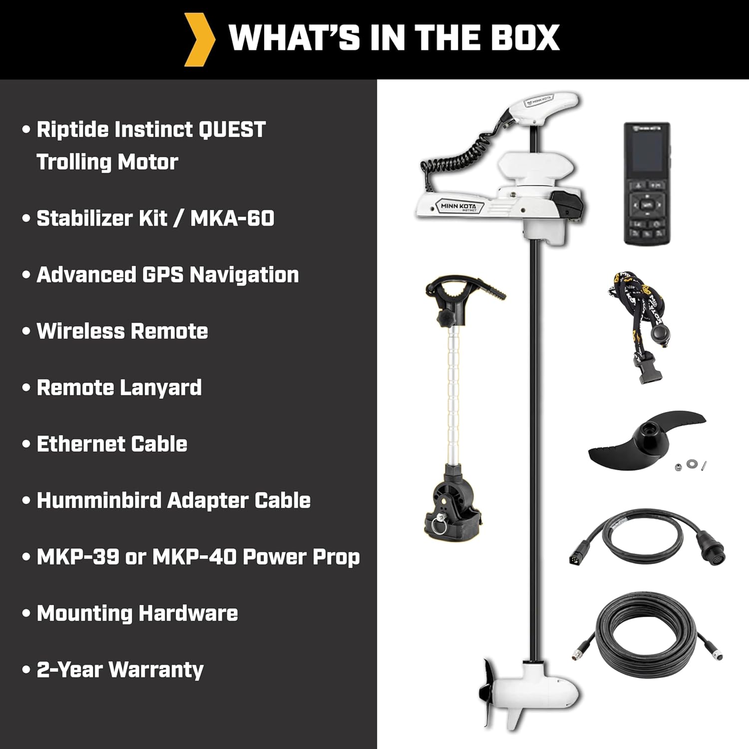 Minn Kota 1358560 Riptide Instinct Quest Series Bow Mount Saltwater Trolling Motor, 90 / 115 lbs. Thrust, 60" Shaft, 24 / 36 Volts, White w/Handheld Remote