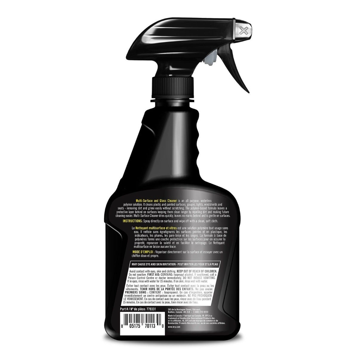 BRP XPS Multi-Surface and Glass Cleaner 650 ml spray bottle back label with instructions