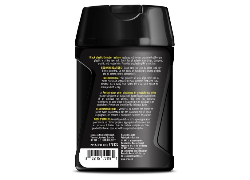XPS Black Plastic and Rubber Restorer 225 ml bottle back label with instructions, part 779335