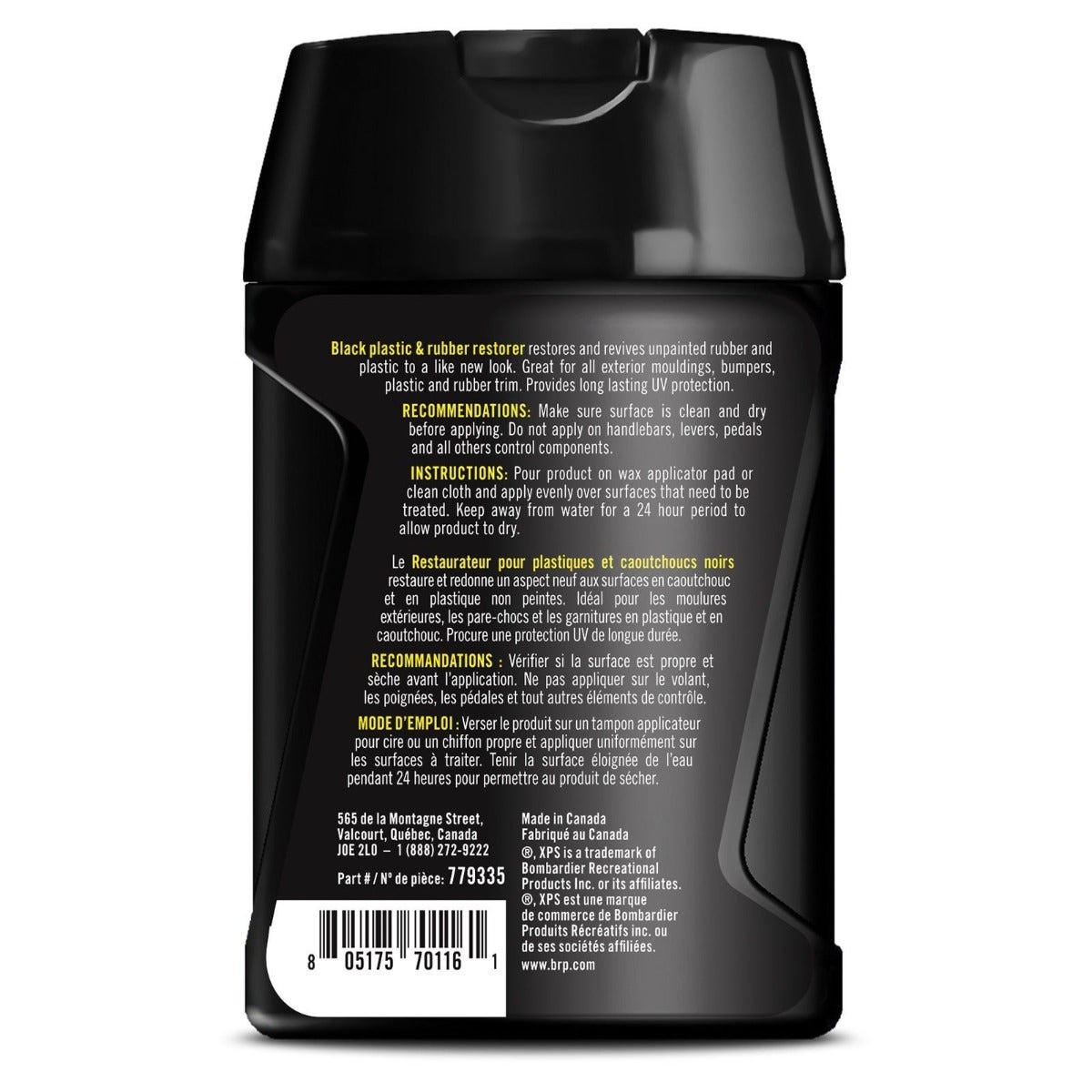 XPS Black Plastic and Rubber Restorer 225 ml bottle back label with instructions, part 779335