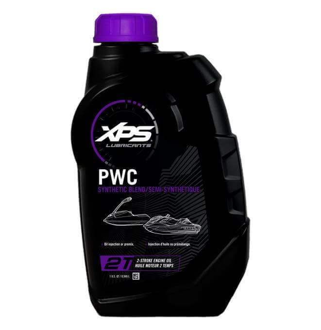 A bottle of XPS Marine 2T PWC Synthetic Blend Oil with a purple cap.