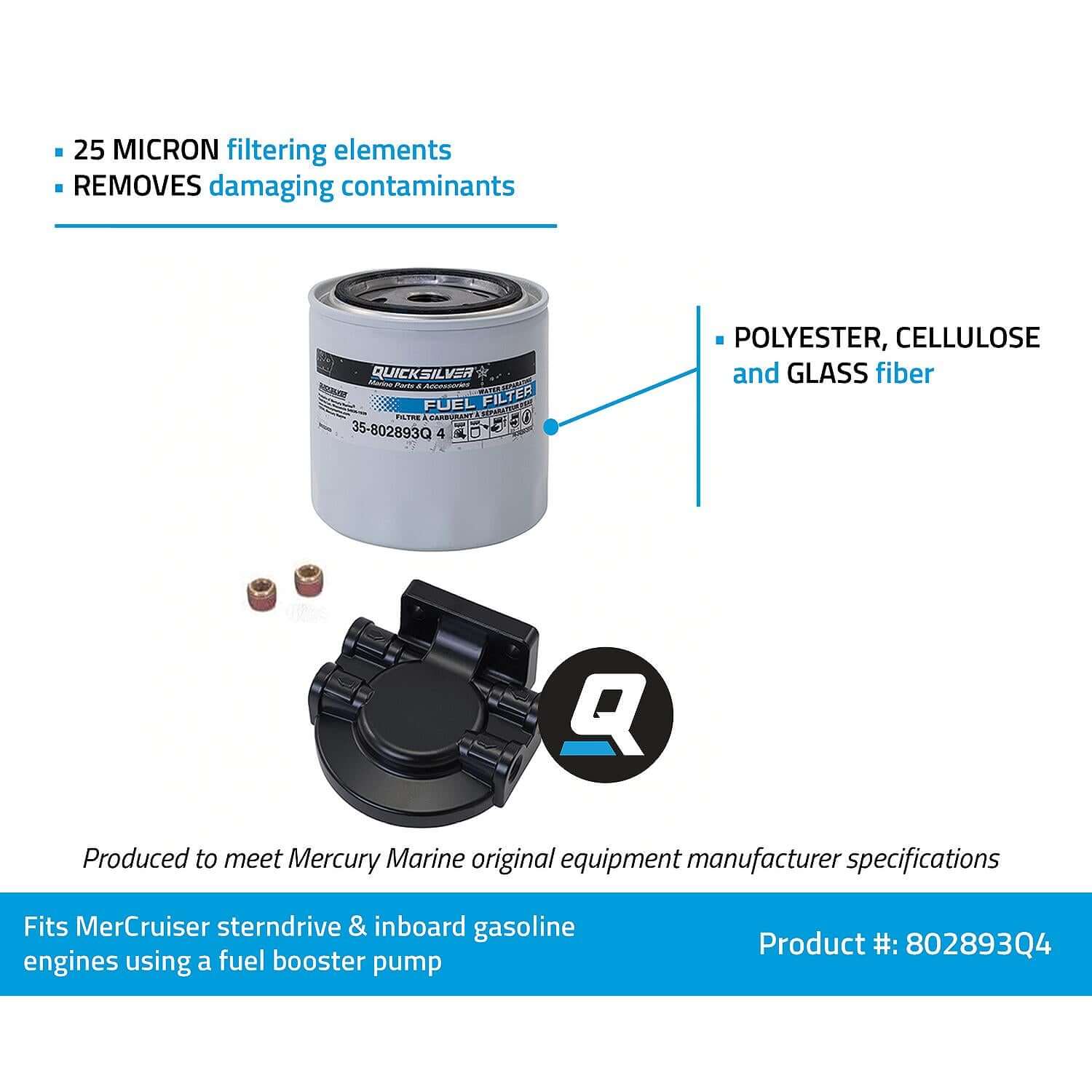 Kit de filtre à carburant décanteur Quicksilver 802893Q4 pour moteurs hors-bord Mercury et moteurs sterndrive et in-bord MerCruiser