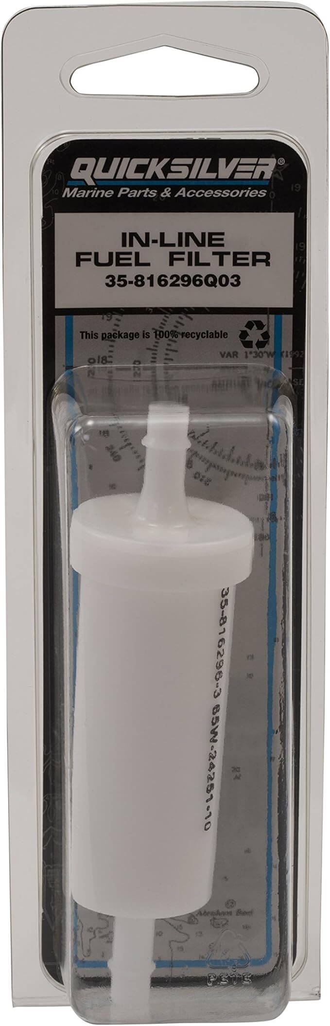 Quicksilver in-line fuel filter packaging on a white background