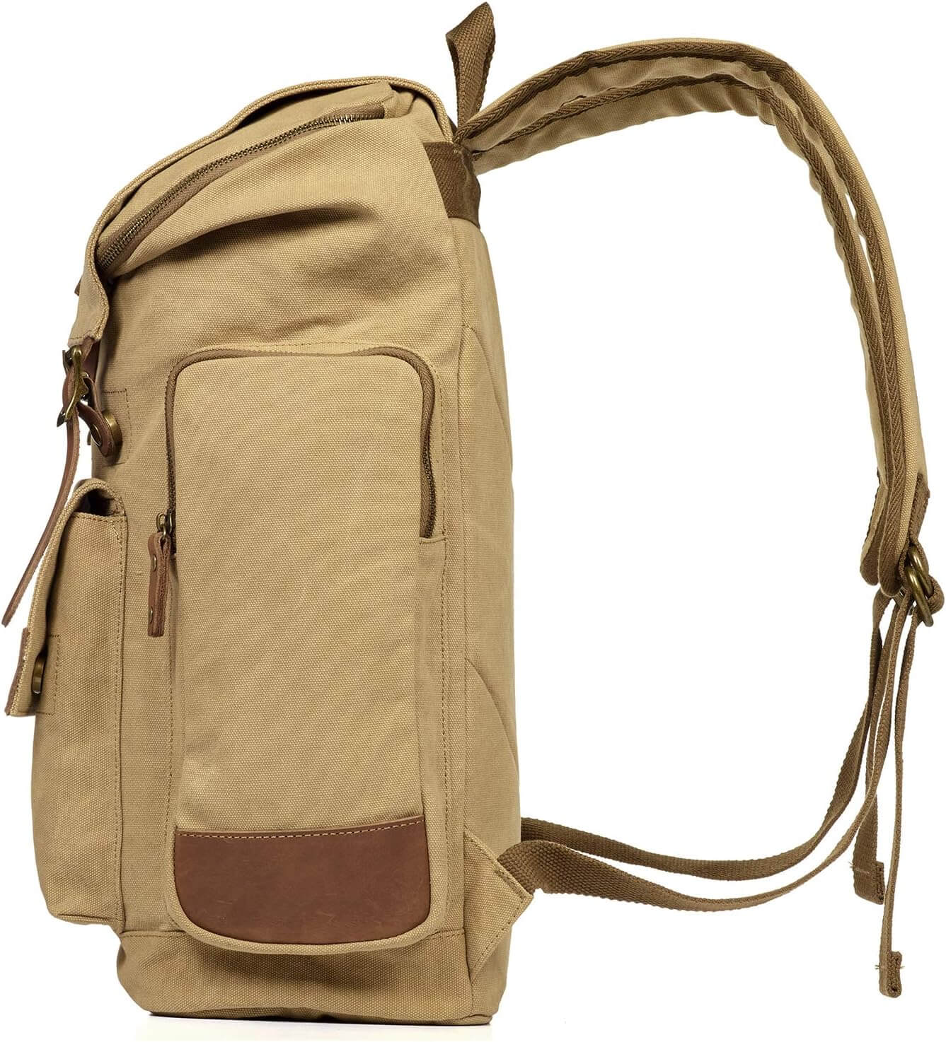 Side view of Sea-Doo khaki cargo laptop backpack, featuring adjustable straps and multiple compartments.