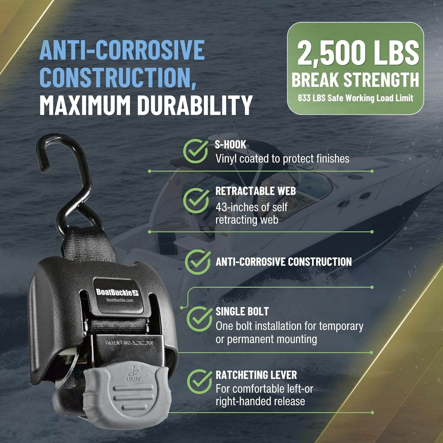 Boat tie-down system with anti-corrosive construction and maximum durability features, set against a boat and water background.