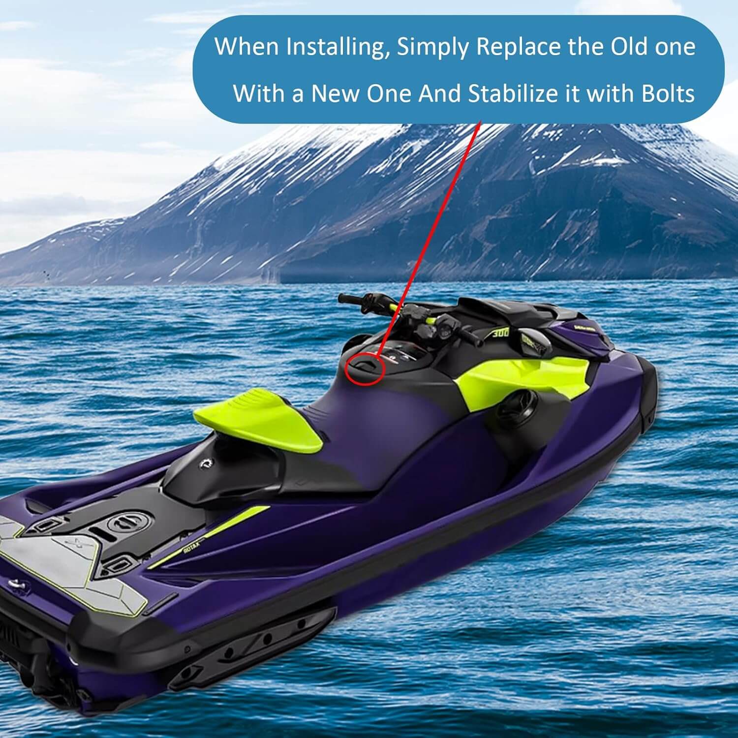 Sea-Doo watercraft highlighting glove box latch installation instructions on a scenic watery backdrop.