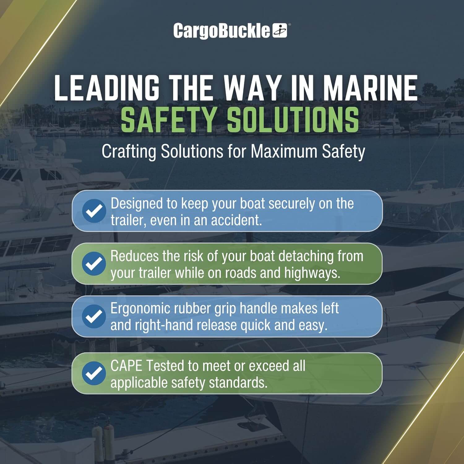 Advertisement for CargoBuckle marine safety solutions with a blurred background of boats.