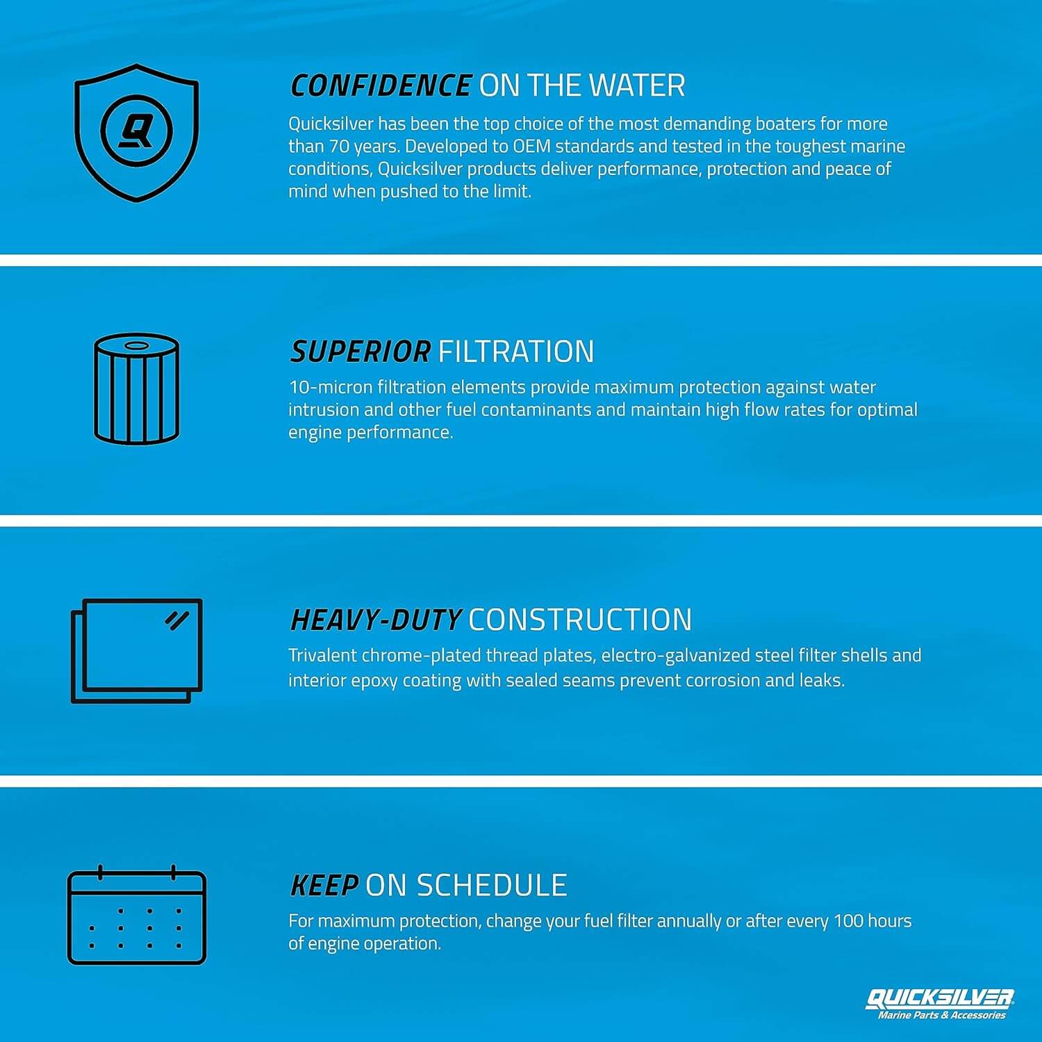 Quicksilver fuel filter advertisement with text and icons on a blue background