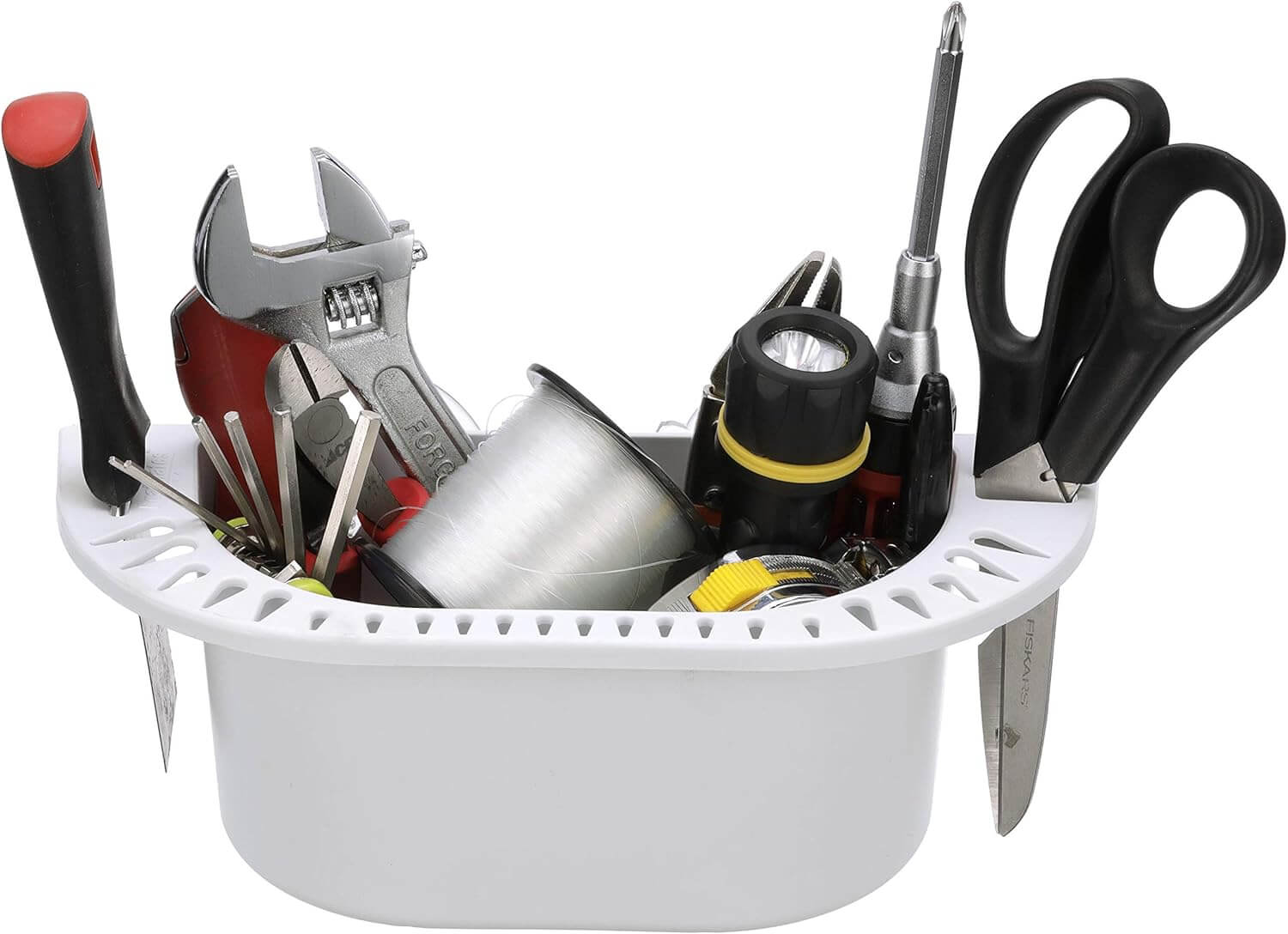 Seachoice white cockpit organizer with suction cups holding tools scissors flashlight fishing line