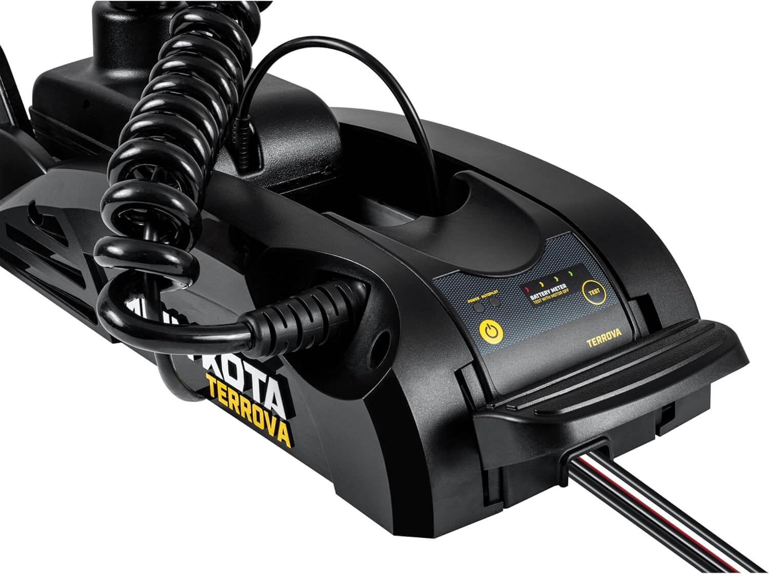 Minn Kota Terrova bow mount trolling motor head with battery meter power buttons and coiled cable
