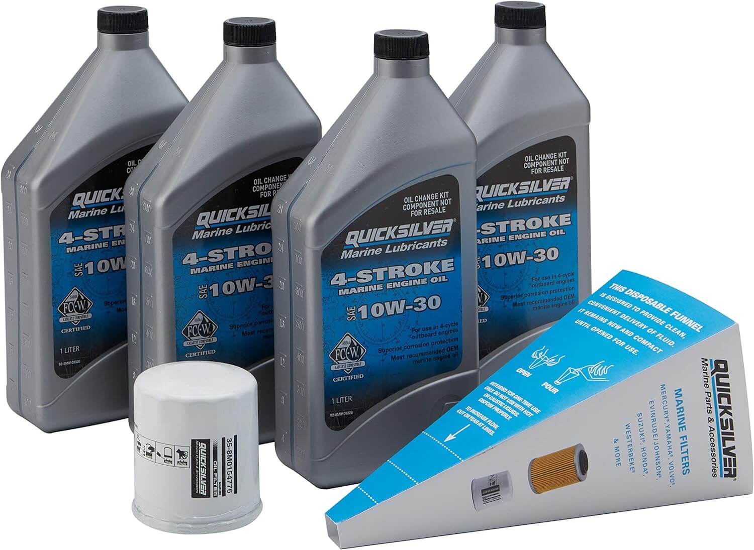 A set of Quicksilver 4-Stroke Oil Change Kit including bottles of oil, an oil filter, a drain plug gasket, and a funnel.