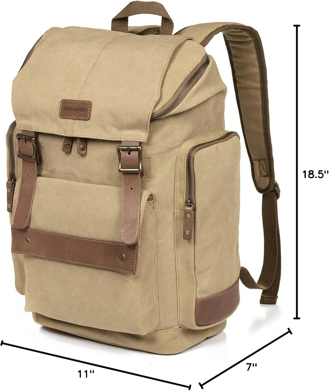 Sea-Doo khaki cargo laptop backpack, 30-liter capacity, features leather flaps and padded straps.