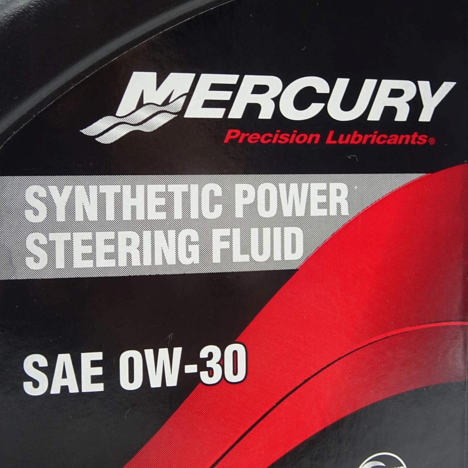 Mercury synthetic power steering fluid container with branding and product details.