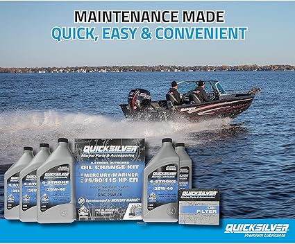 Quicksilver boat maintenance products with a boat on water in the background