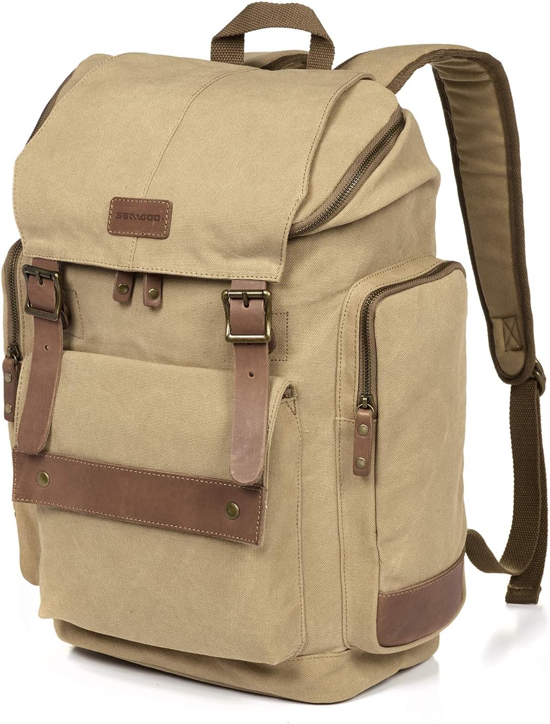 Sea-Doo Cargo Laptop Backpack in khaki, 30-liter capacity with leather accents and multiple pockets.