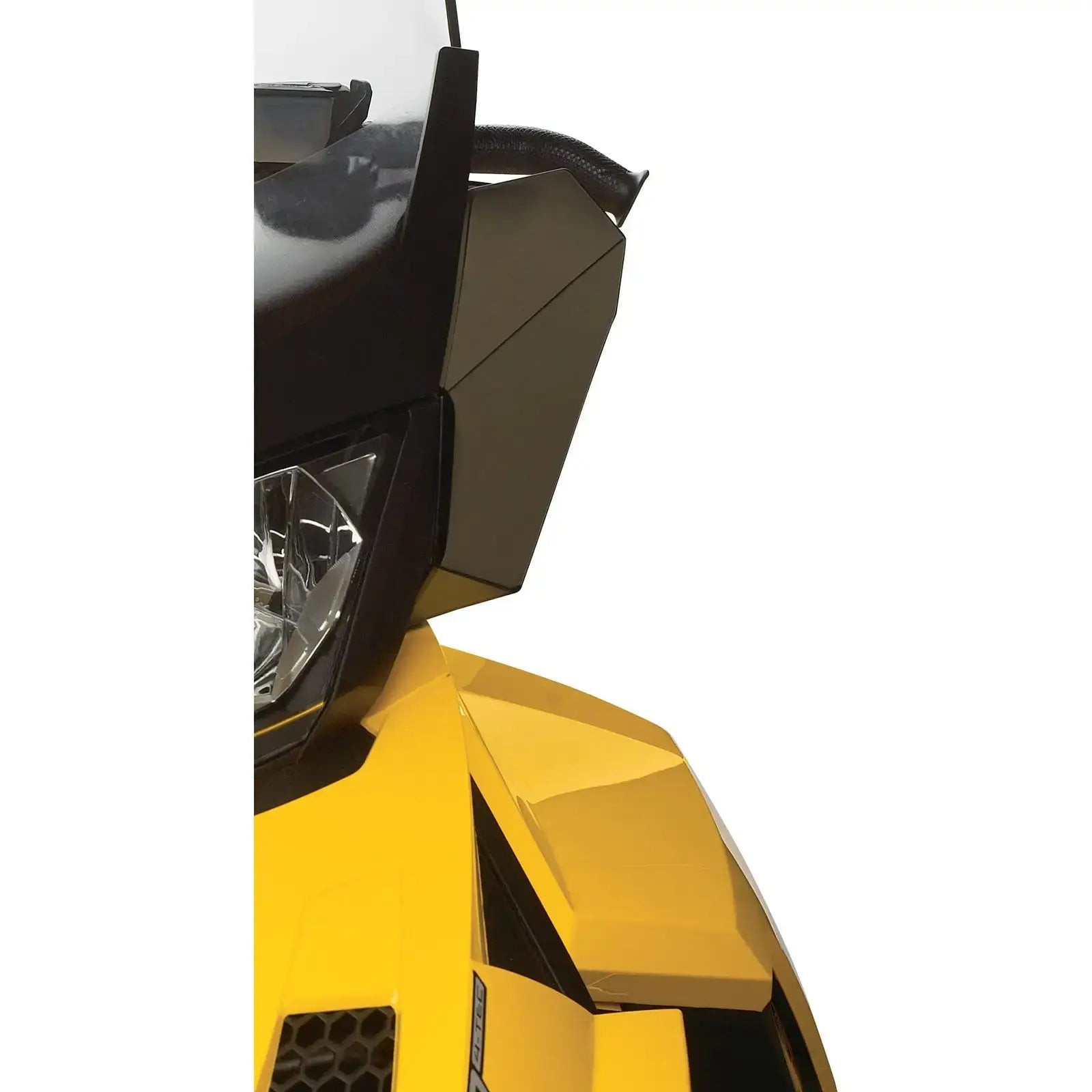 A close-up image of a yellow windshield side deflector kit installed on a vehicle, focusing on the deflector's shape and fit.