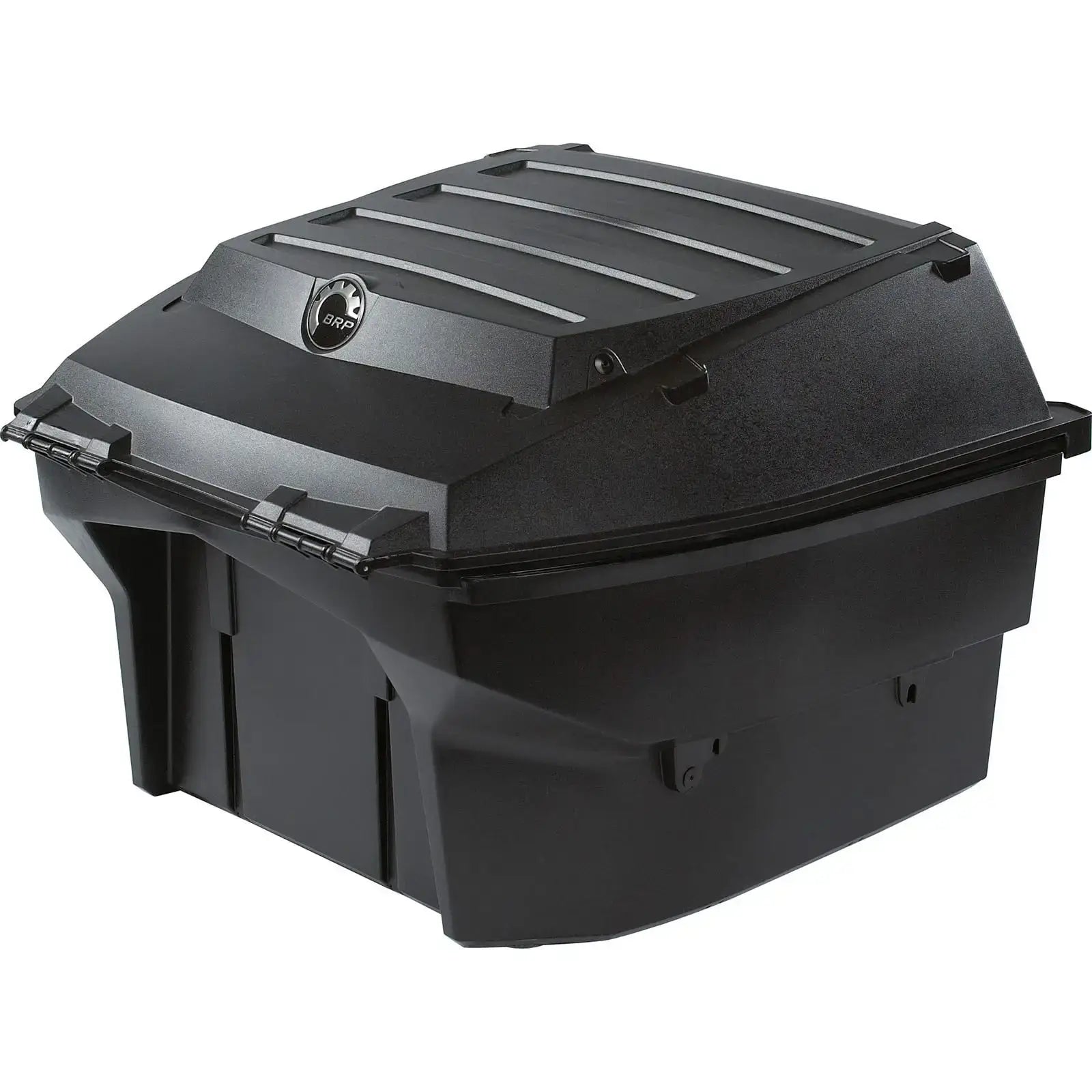 Black snowmobile cargo box with a flip top lid.